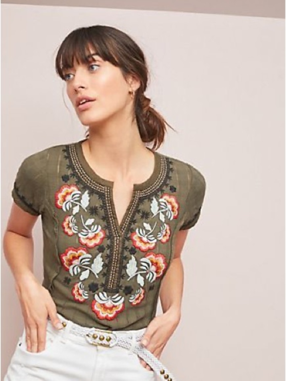 Anthropologie Akemi + Kin olive green embroidered floral top size XL